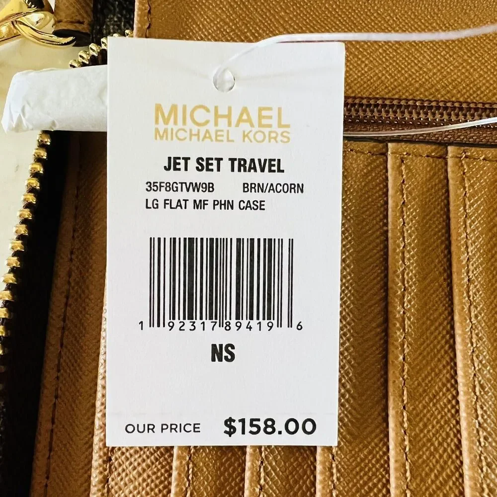 MICHAEL KORS Jet Set Travel Brown Acorn Flat MF Phone Case Zip Wallet Wristlet